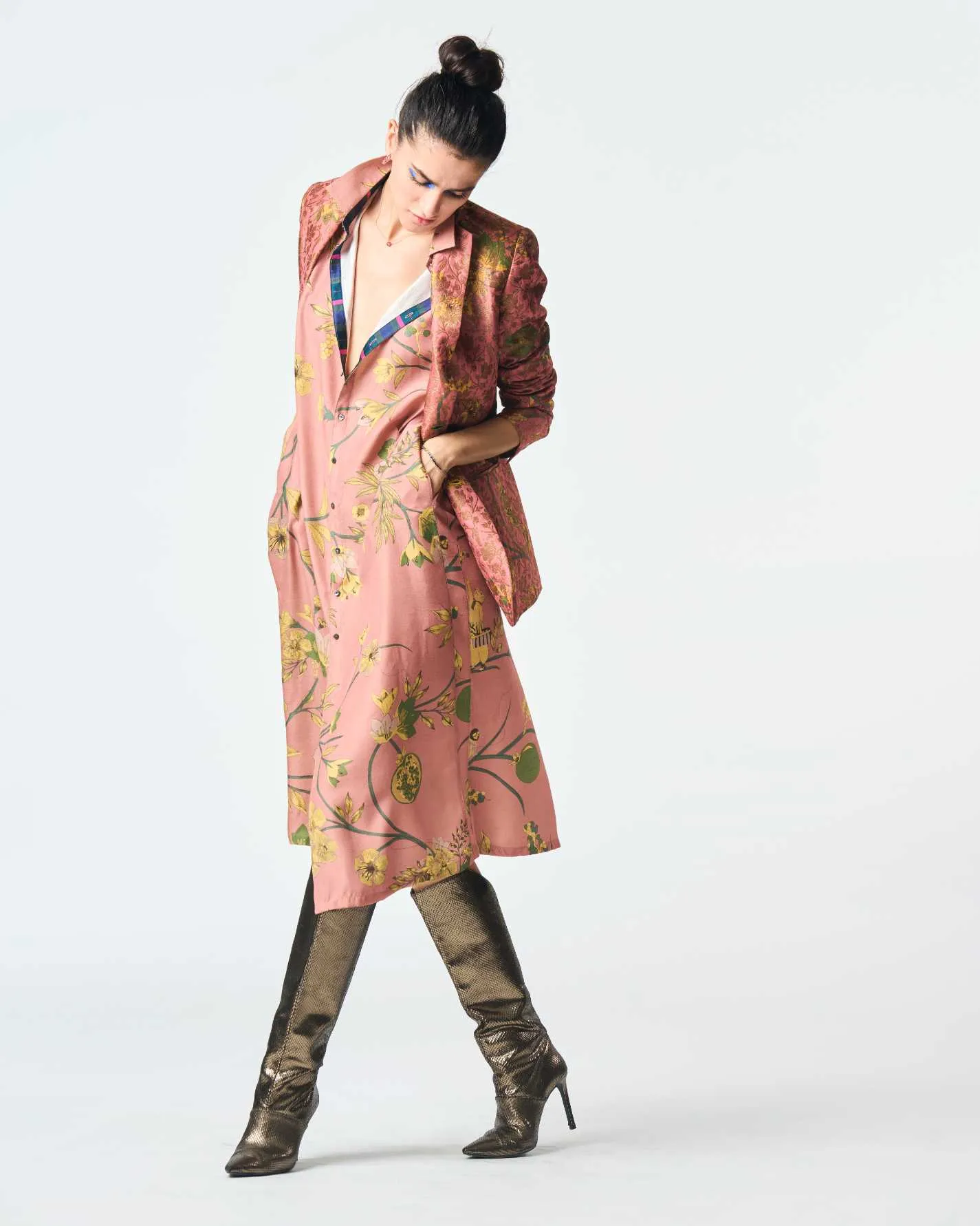 Pleated Dress Muga Satin Silk Rose