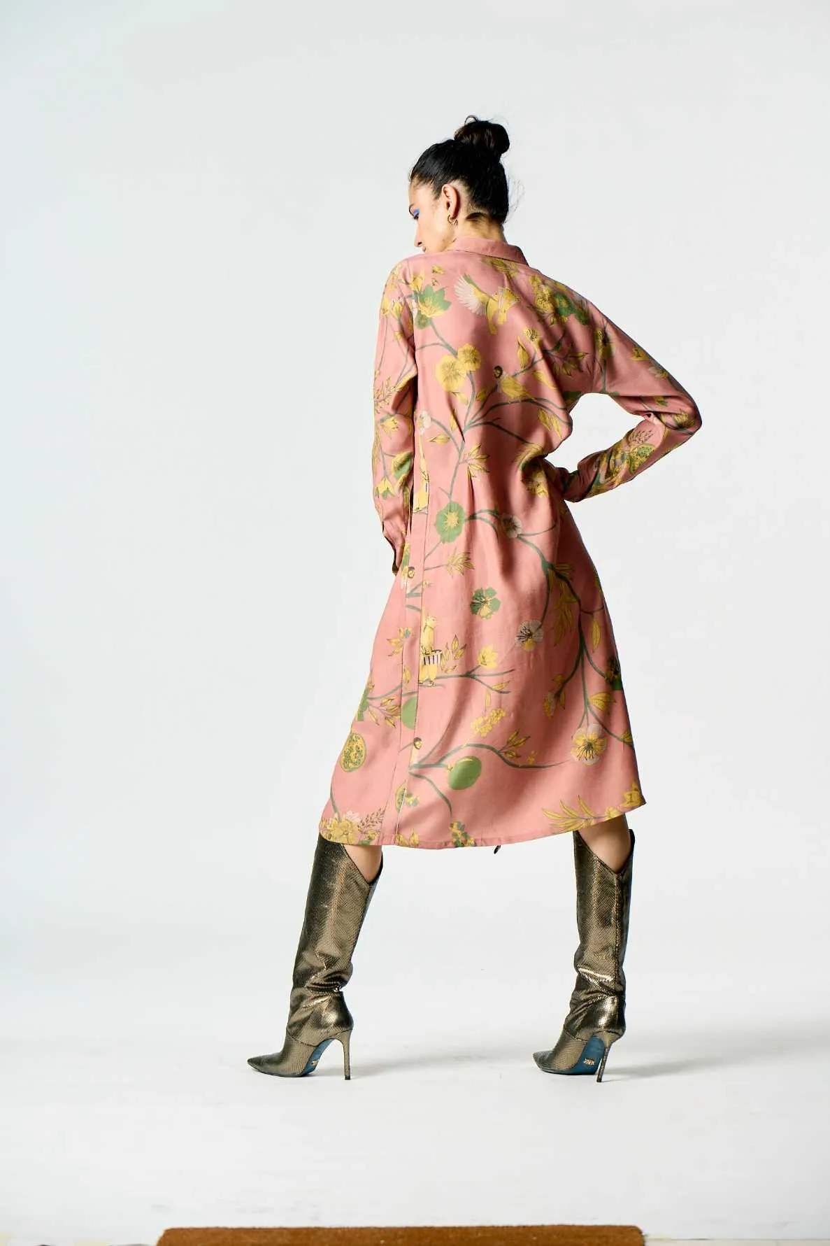 Pleated Dress Muga Satin Silk Rose