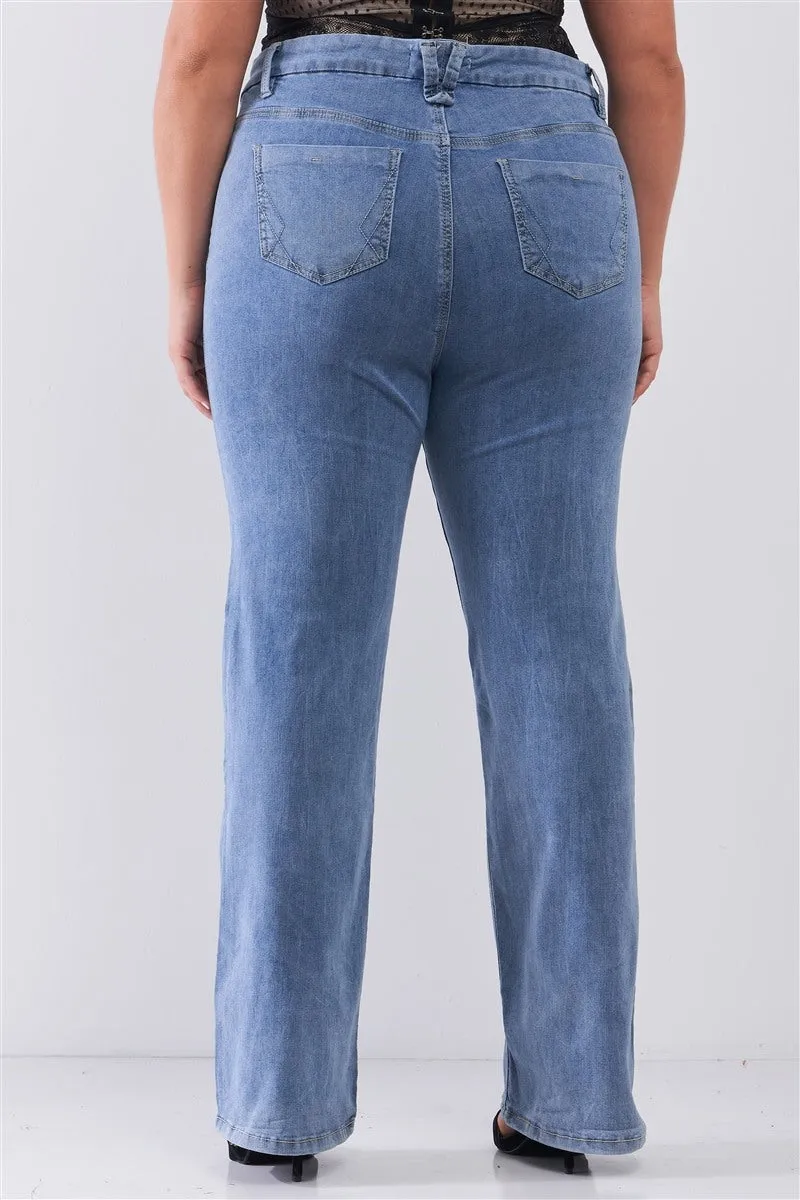 Plus Mid Blue Wash Straight Leg Jeans