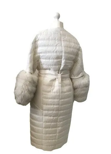 Puffer Women White Quilted Coat Fox Fur Sleeves Transformers