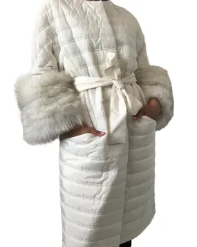 Puffer Women White Quilted Coat Fox Fur Sleeves Transformers