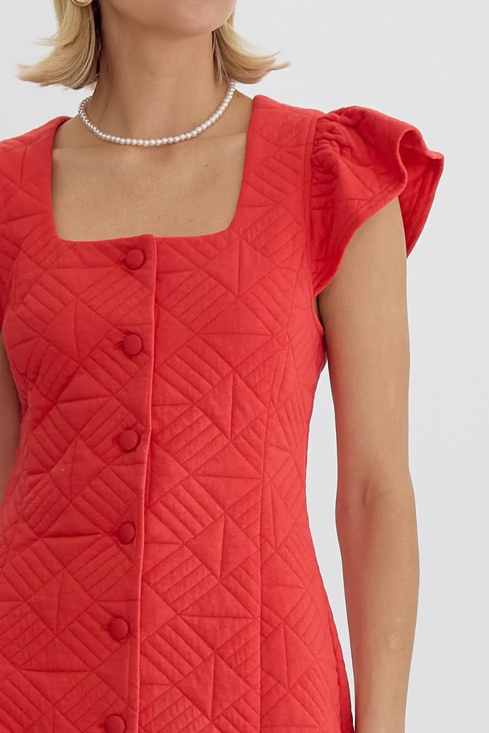 Quilted Square Neck Ruffle Sleeve Mini with Scallop Hem