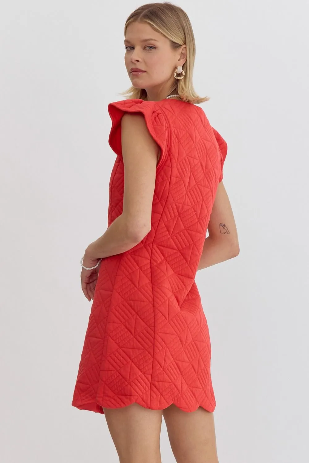 Quilted Square Neck Ruffle Sleeve Mini with Scallop Hem