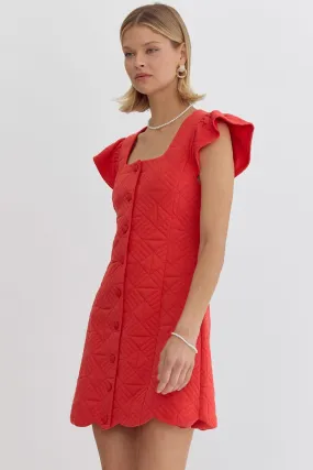 Quilted Square Neck Ruffle Sleeve Mini with Scallop Hem