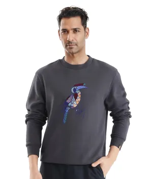 Rare Rabbit Men Nantes Dark Grey Full Sleeve Crew Neck Boxy Fit Printed Sweatshirt