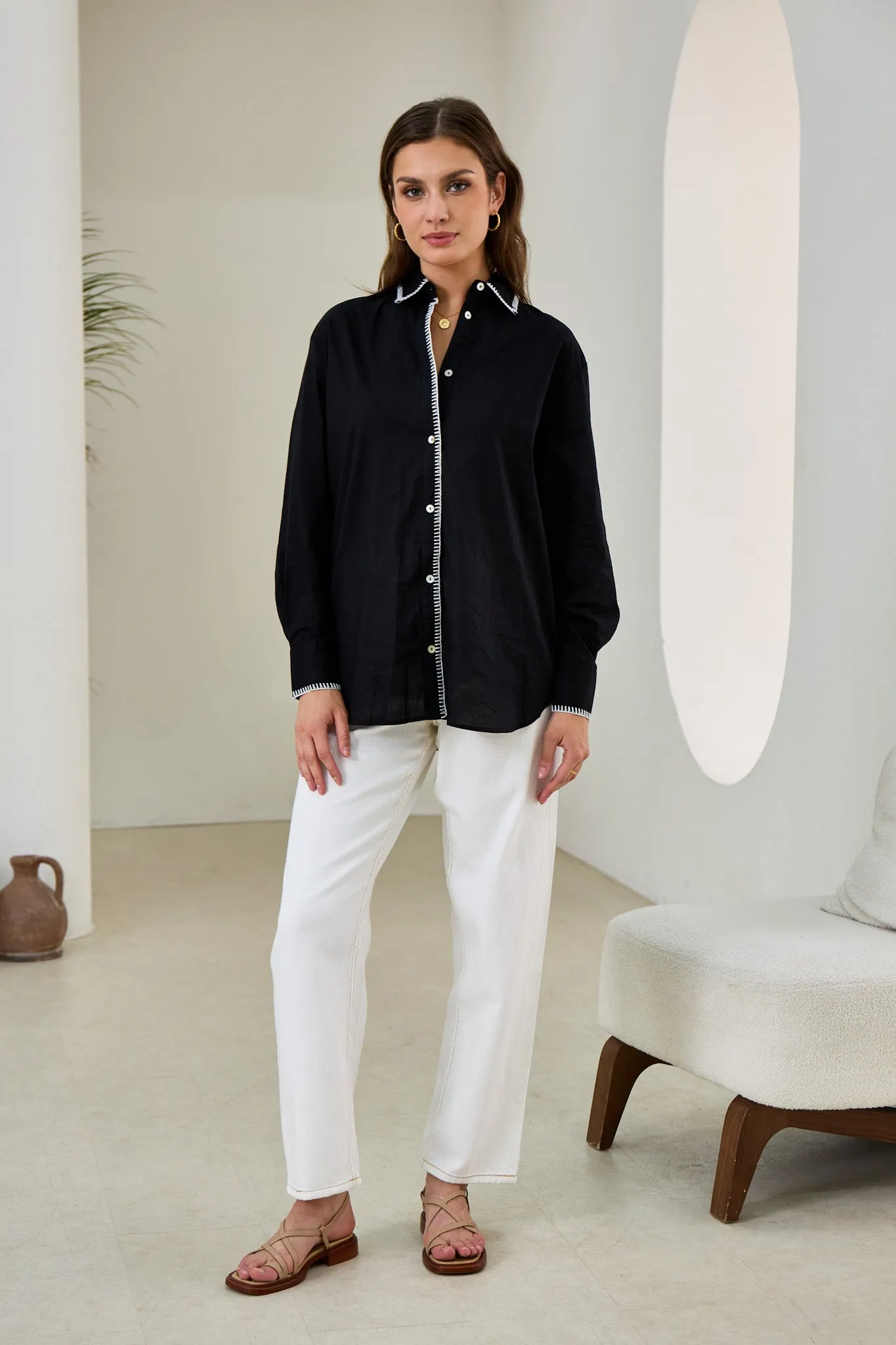 Renae Black Contrast Blanket Stitch Shirt