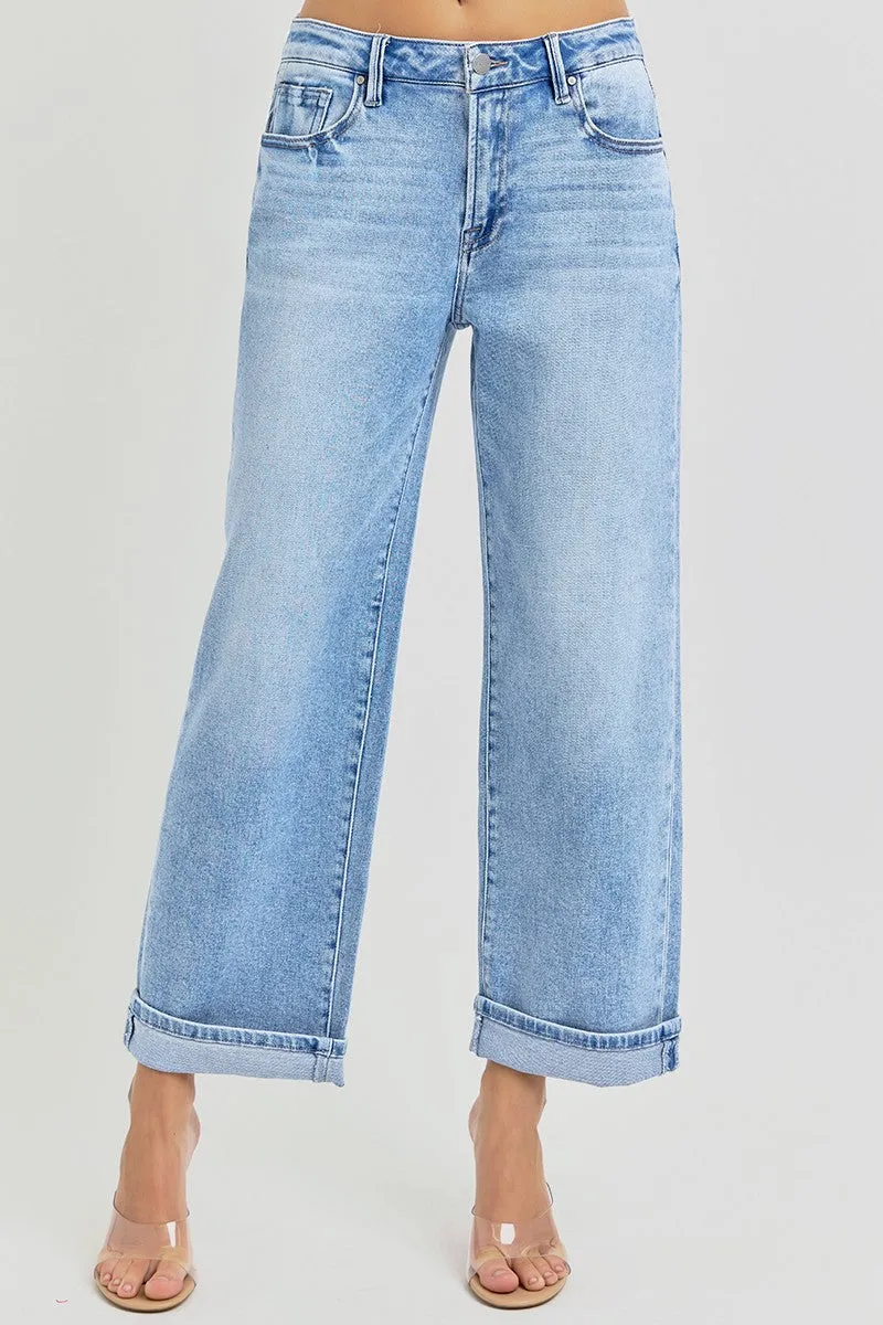 Risen Wide Leg Cuffed Jeans