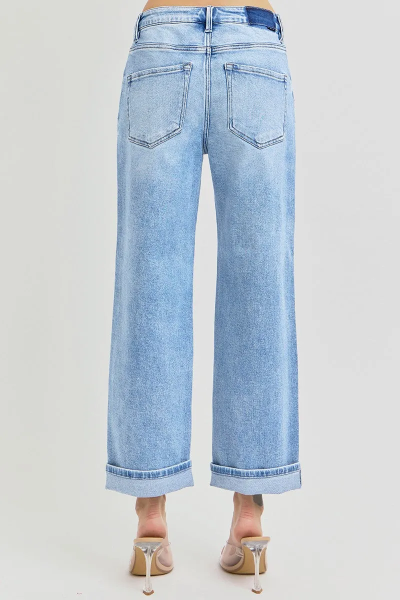 Risen Wide Leg Cuffed Jeans
