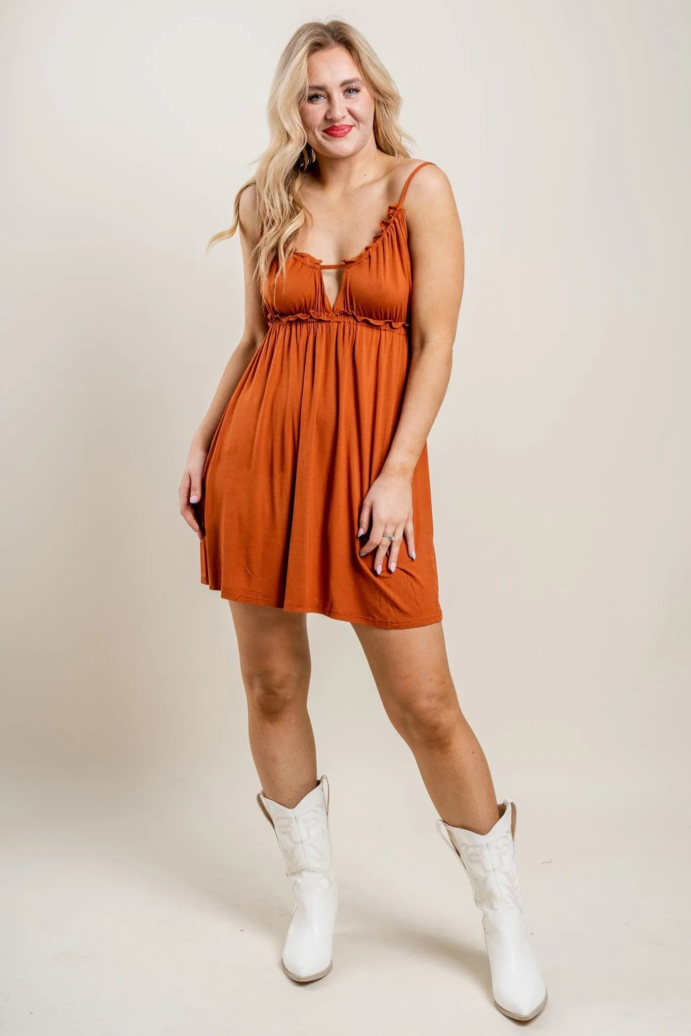 Ruched knit dress rust