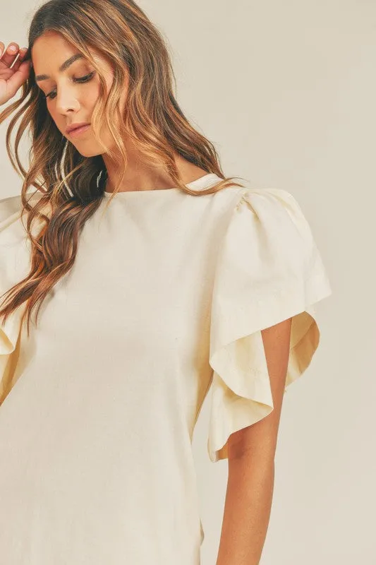 Sara Cotton Cream Ruffle Flutter Sleeve T Shirt Dress