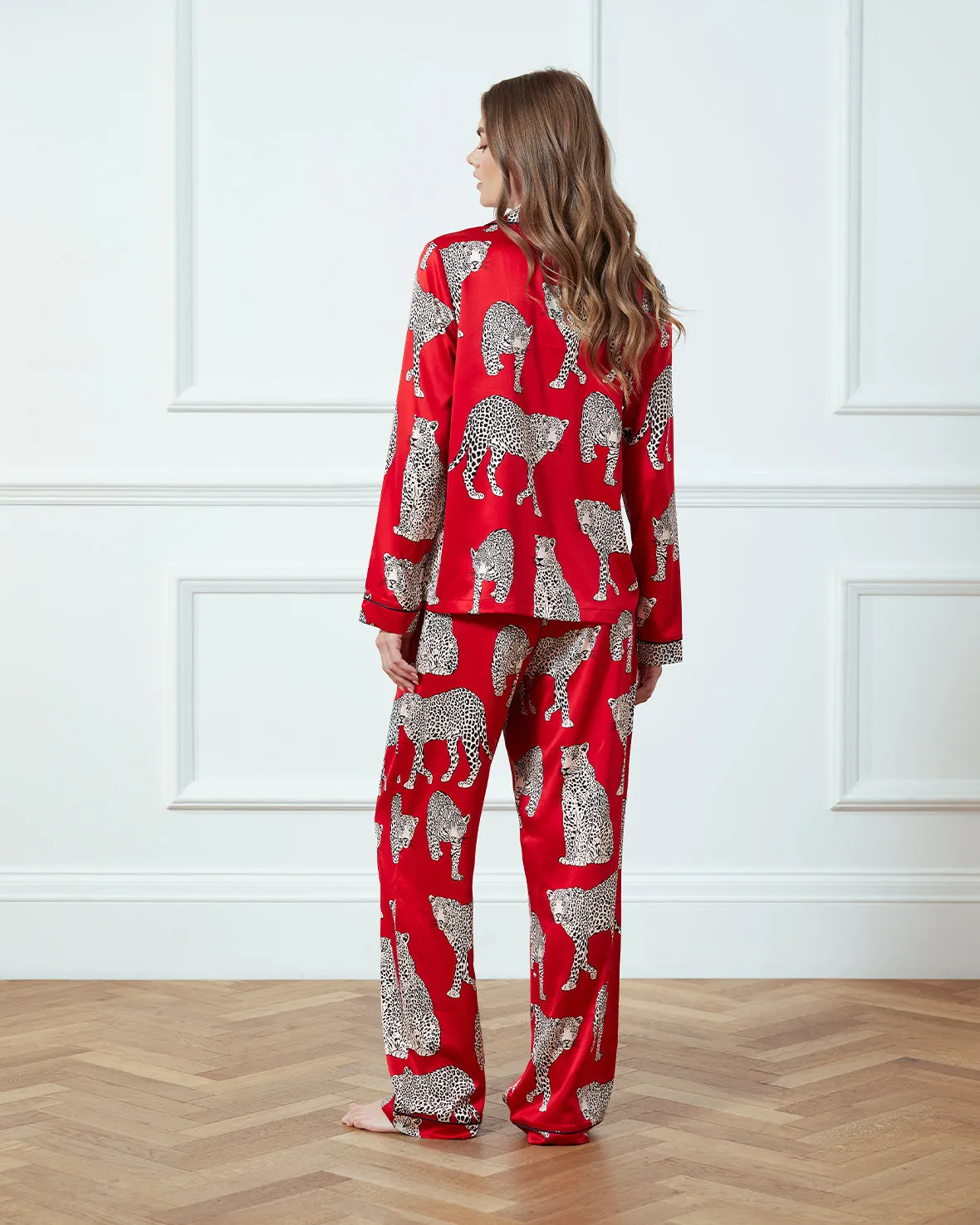 Satin Leopard Print Long Pyjama Set - Red