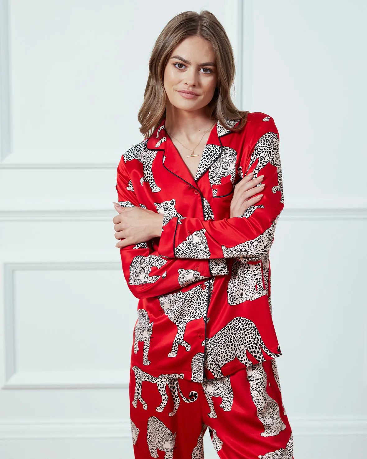 Satin Leopard Print Long Pyjama Set - Red