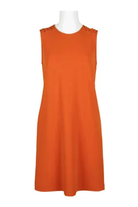 Sharagano Crew Neck Sleeveless Stitch Grommet Shoulder Exposed Zipper Back Functional Pocket Solid Stretch Crepe Dress