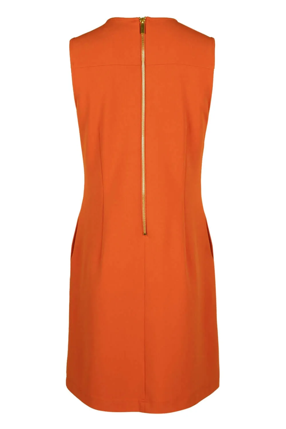 Sharagano Crew Neck Sleeveless Stitch Grommet Shoulder Exposed Zipper Back Functional Pocket Solid Stretch Crepe Dress