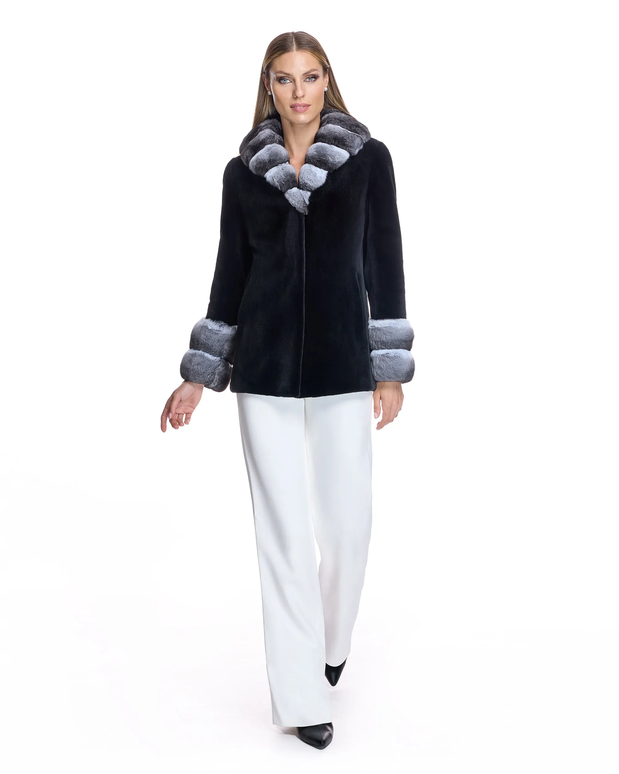 SHEARED MINK COAT WITH CHINCHILLA TRIM
