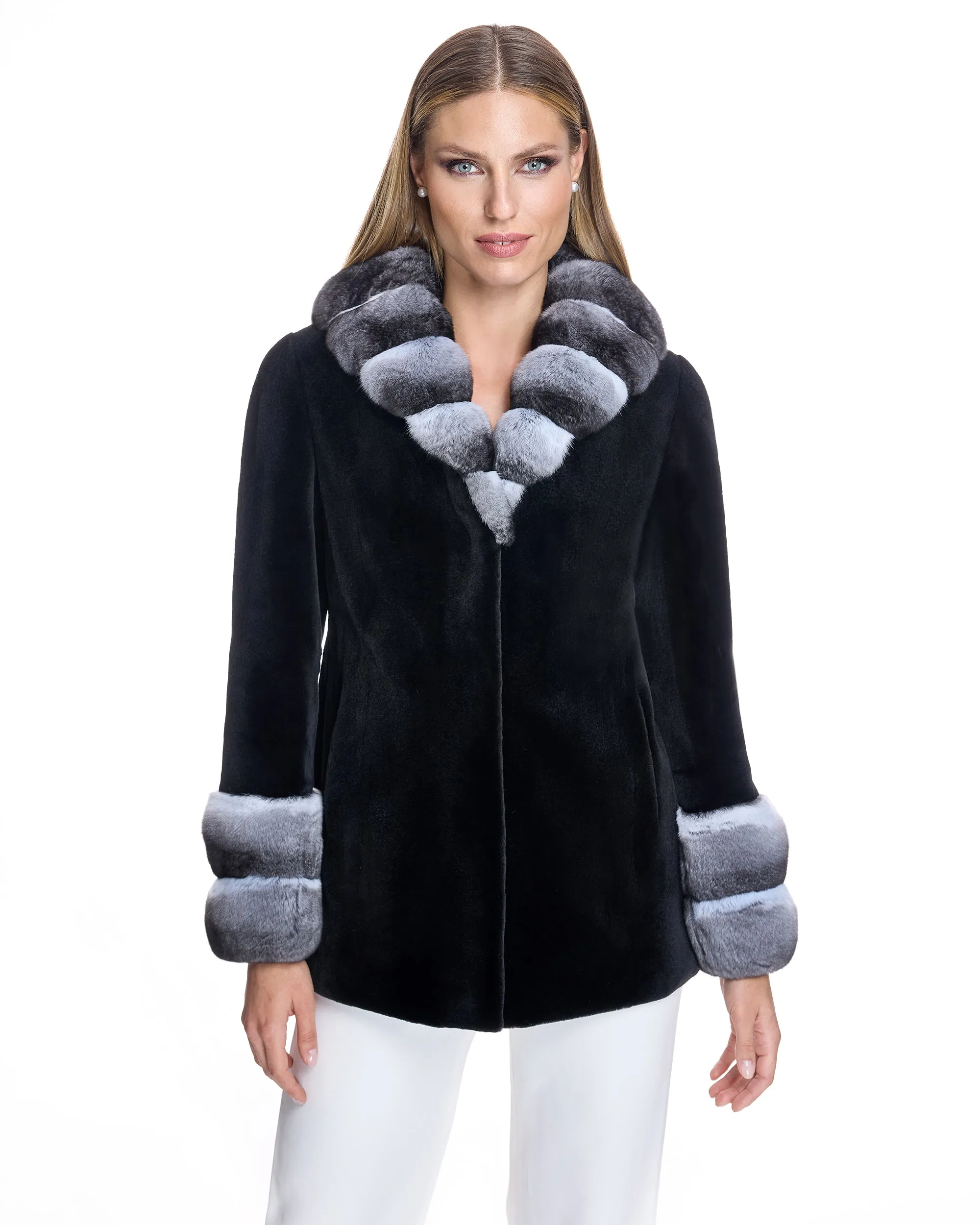 SHEARED MINK COAT WITH CHINCHILLA TRIM