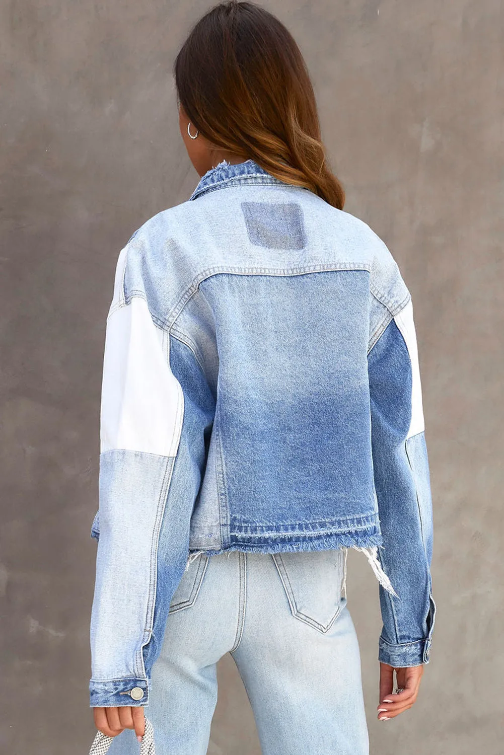 Sky Blue Color Block Denim Patchwork Frayed Hem Jacket