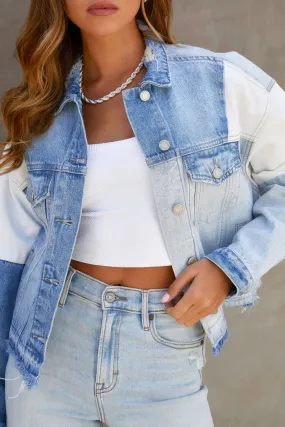 Sky Blue Color Block Denim Patchwork Frayed Hem Jacket