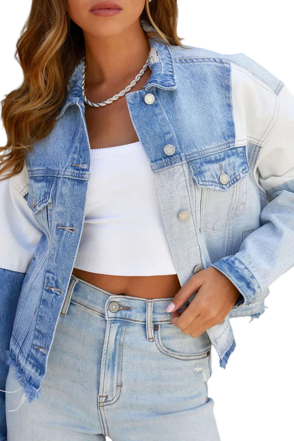 Sky Blue Color Block Denim Patchwork Frayed Hem Jacket