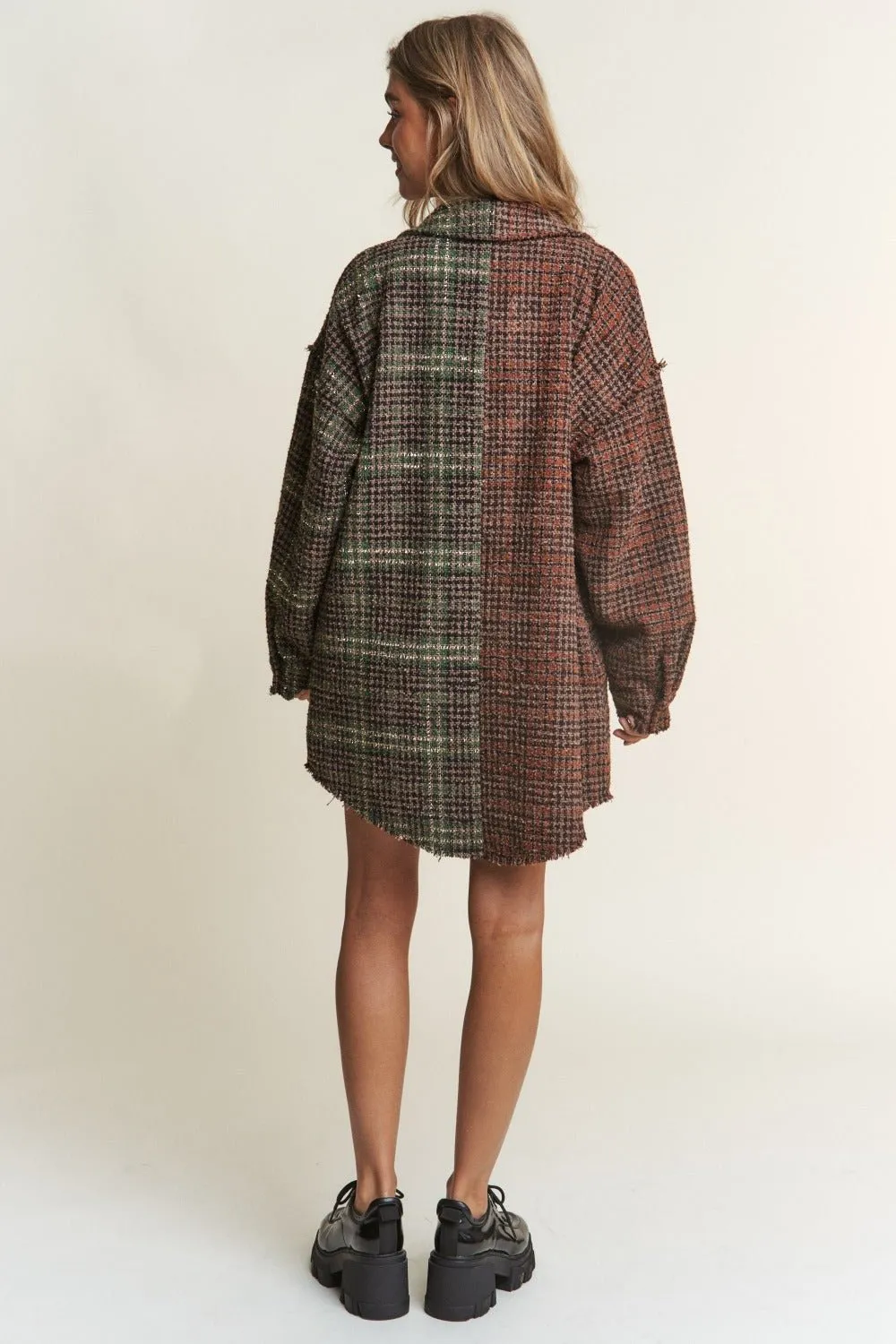 Snap Down Plaid Longline Shacket in Misty Forest
