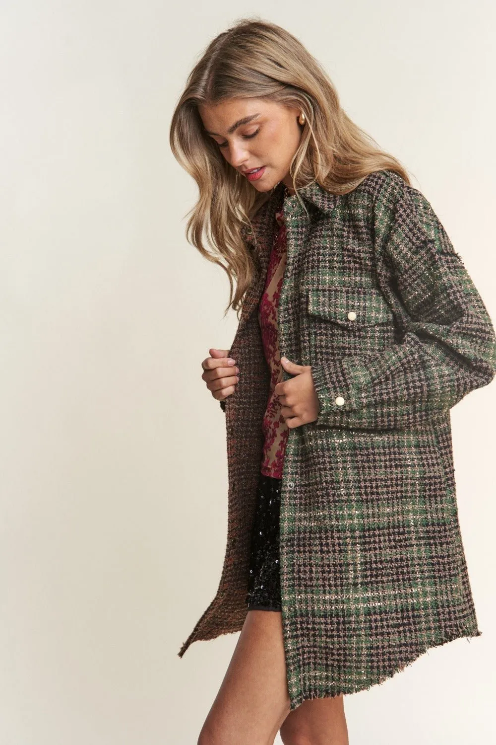 Snap Down Plaid Longline Shacket in Misty Forest