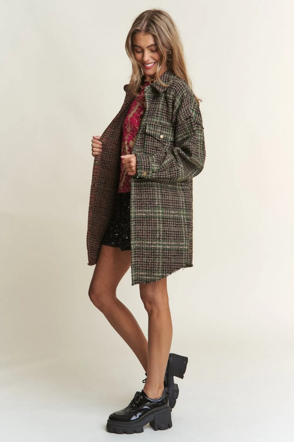 Snap Down Plaid Longline Shacket in Misty Forest