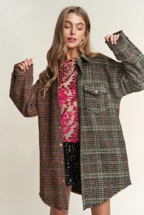 Snap Down Plaid Longline Shacket in Misty Forest