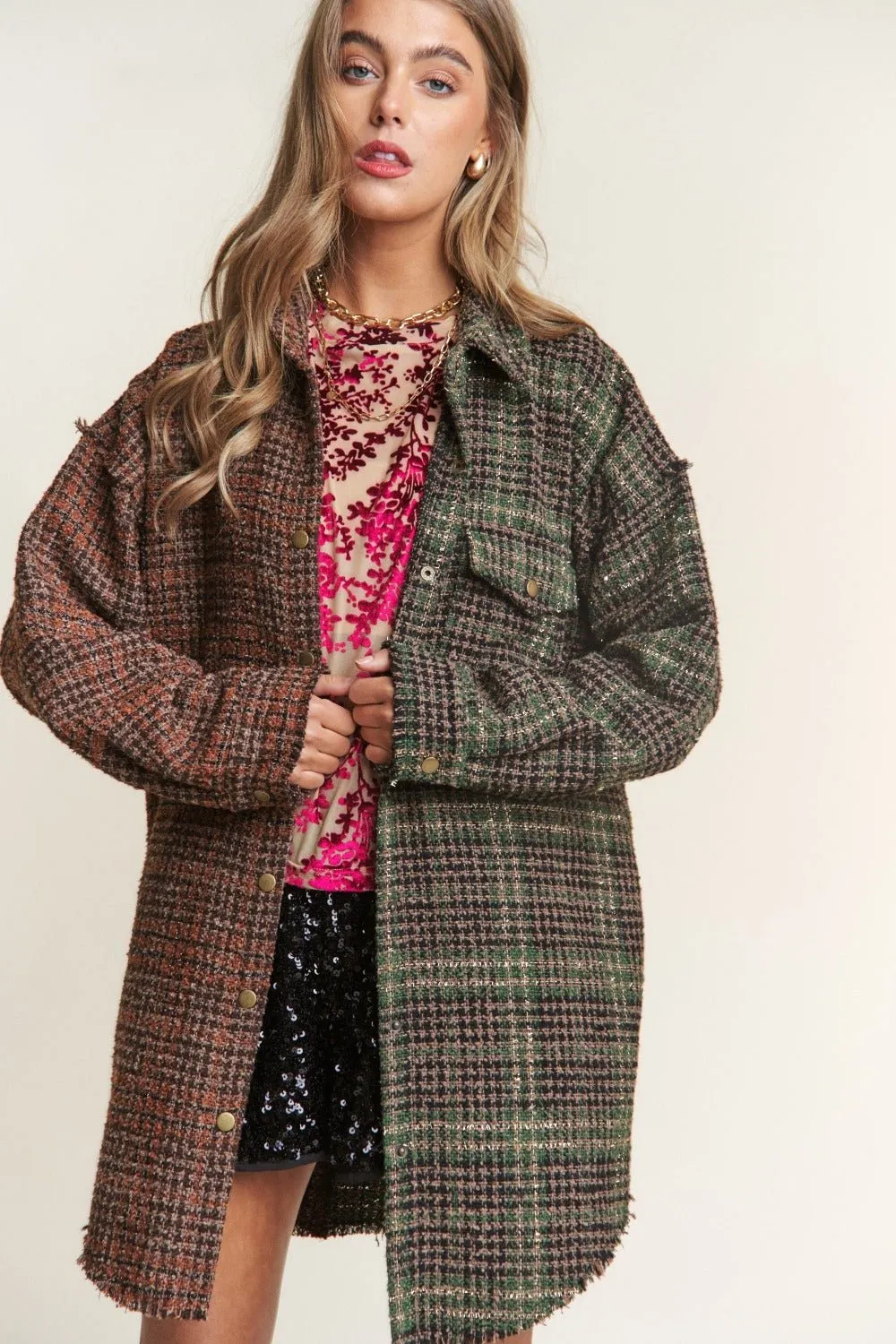 Snap Down Plaid Longline Shacket in Misty Forest