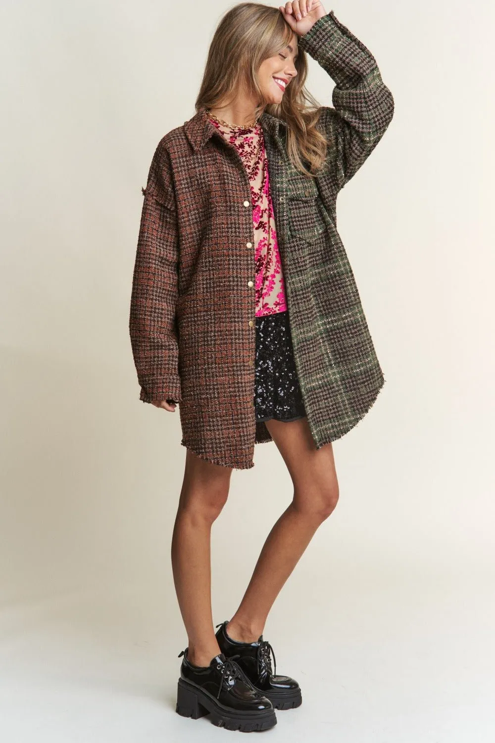 Snap Down Plaid Longline Shacket in Misty Forest