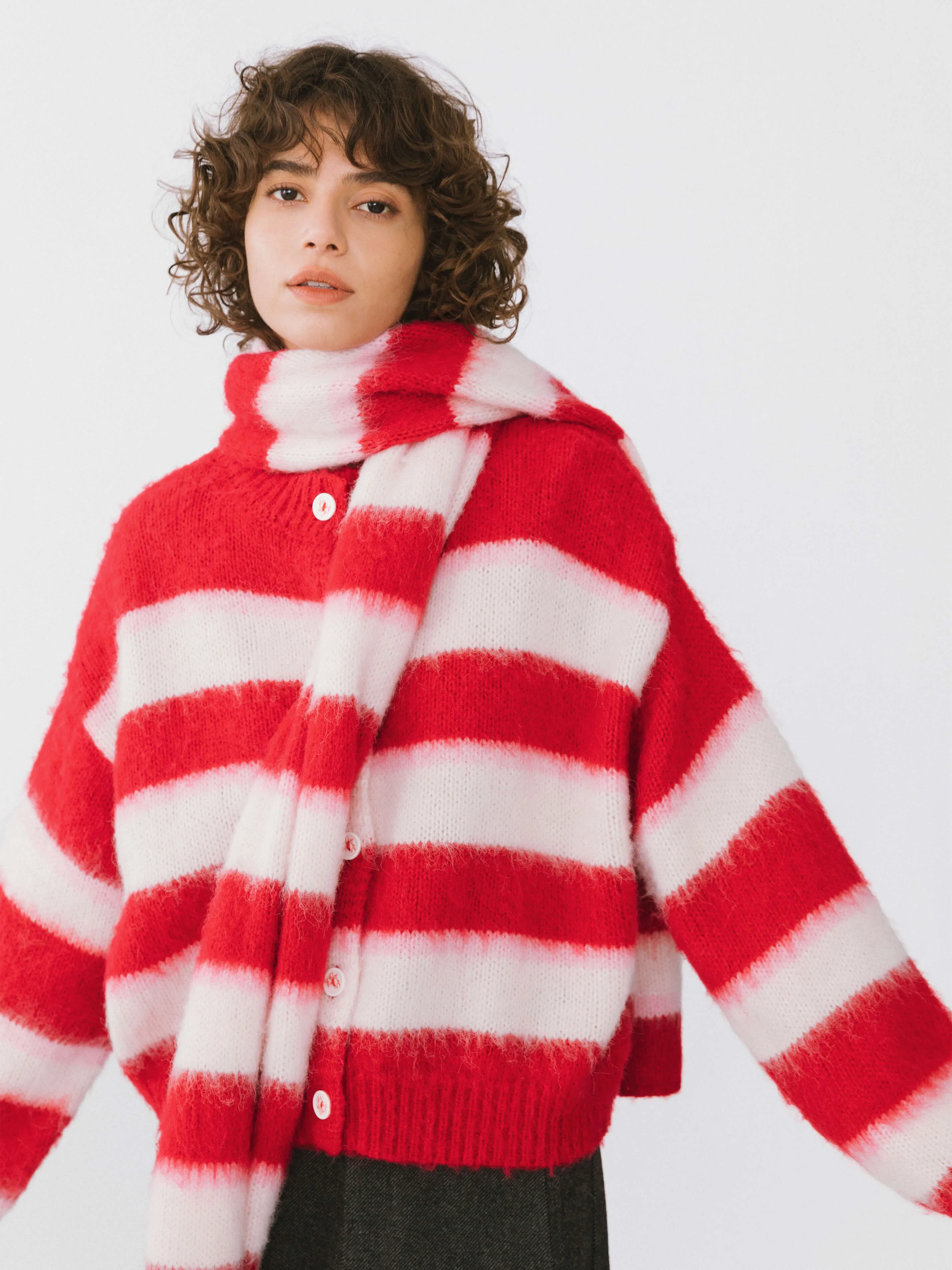 Striped Color Block Wool Knit Cardigan With Scarf