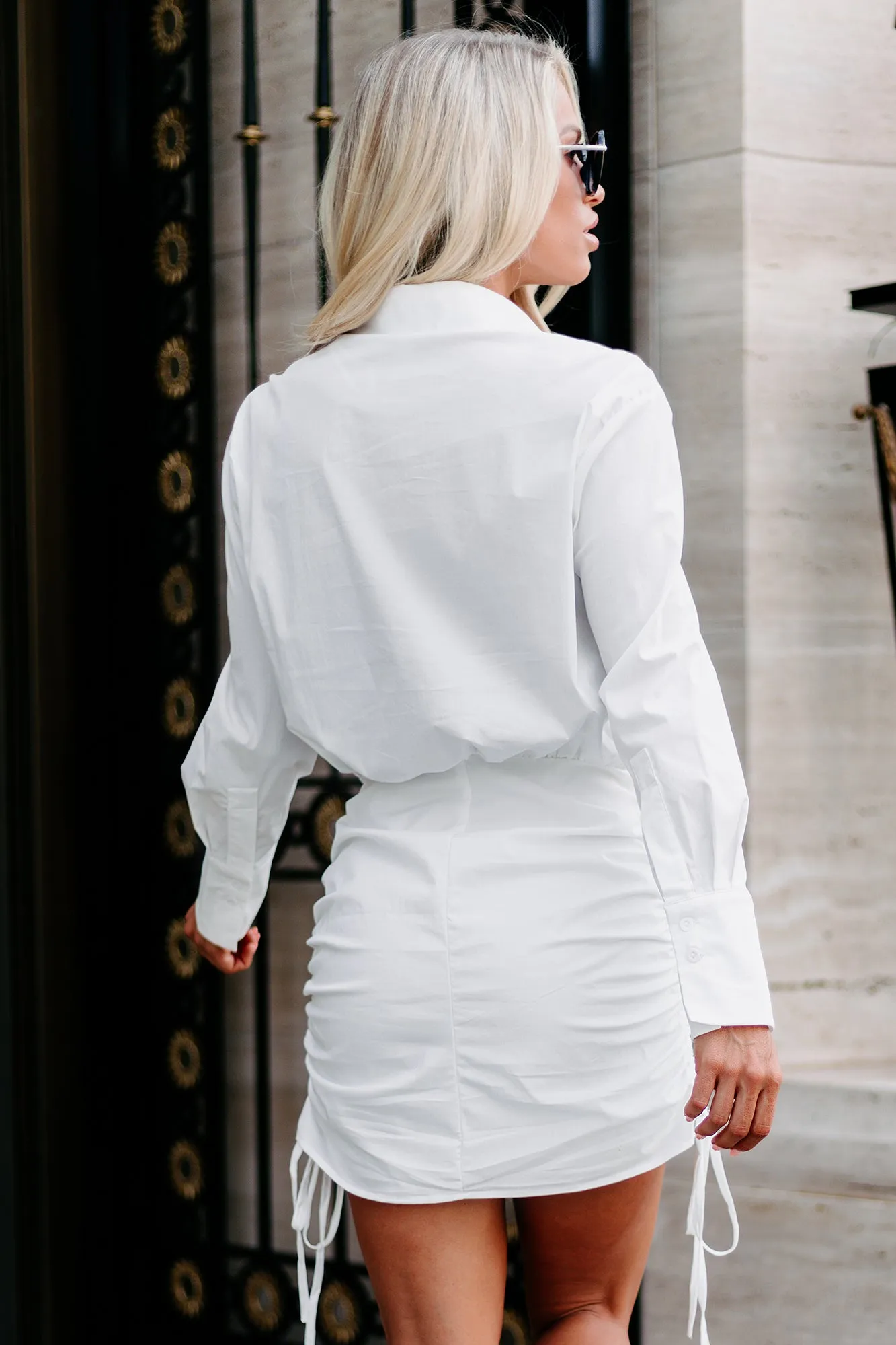 Suit Yourself Side Ruched Shirt Dress (Off White)
