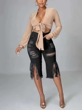 Tassel Ripped Bermuda Jeans