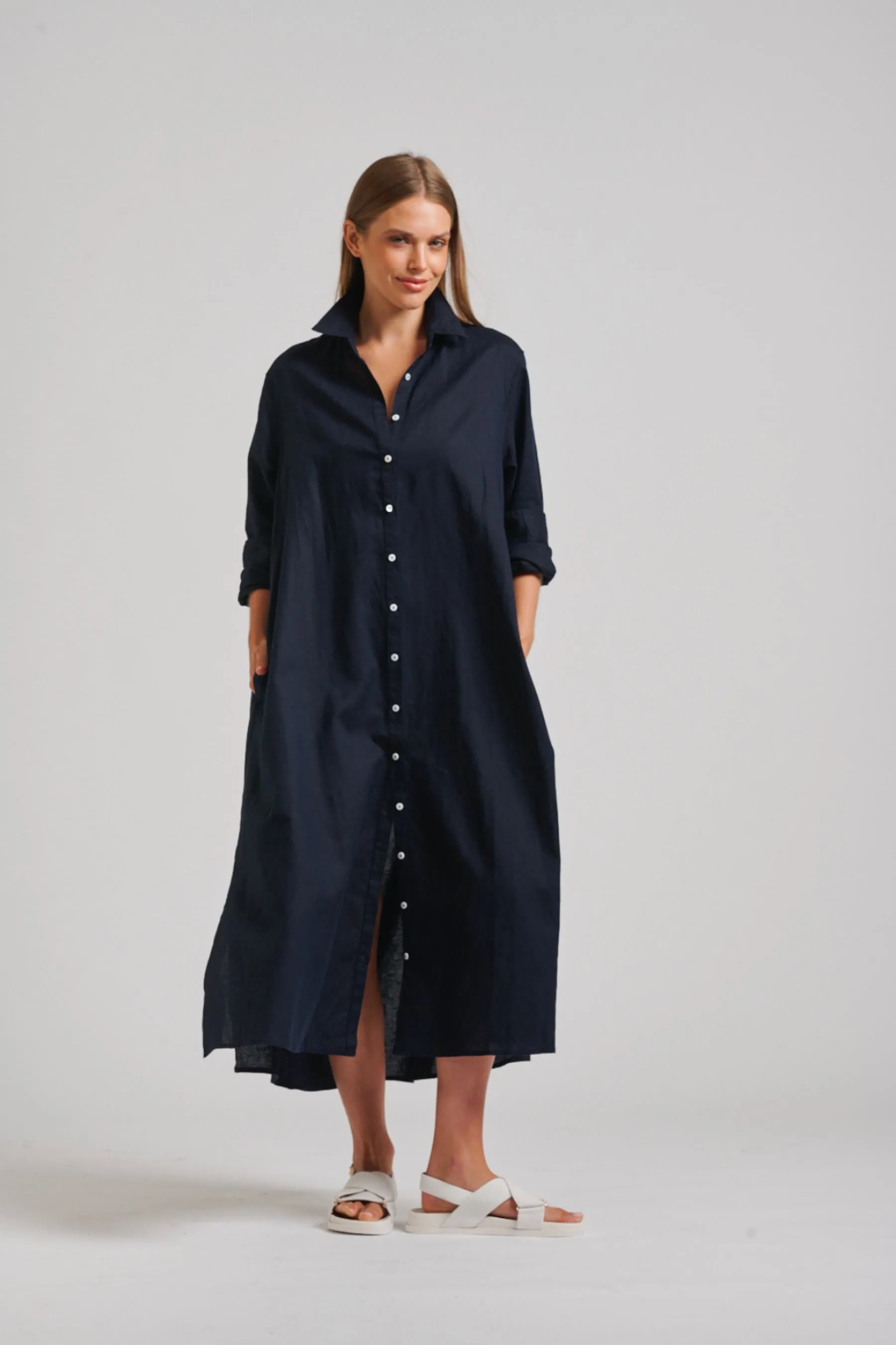 The Luna Long Linen Shirt Dress | French Navy