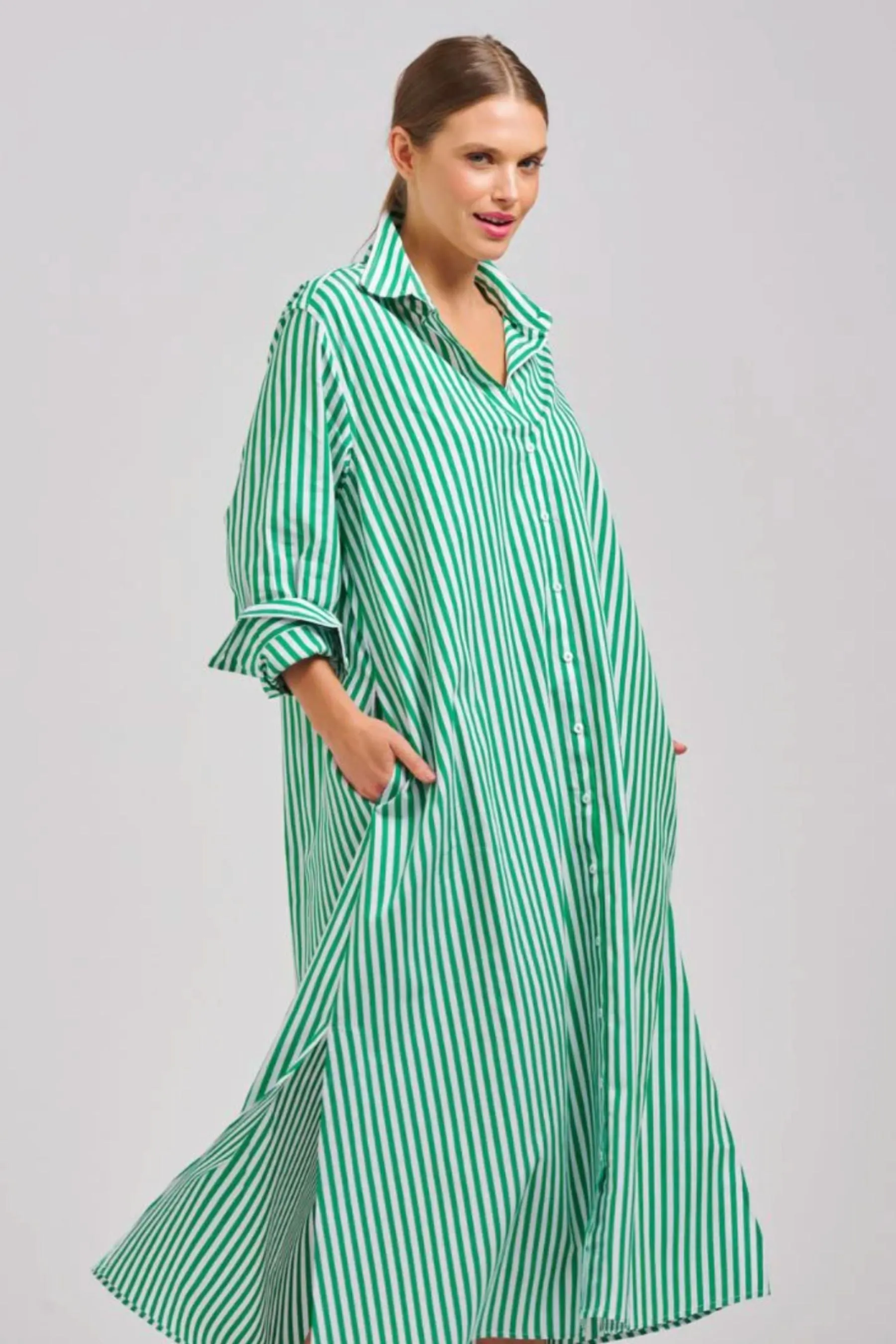 The Luna Long Shirt Dress | Apple Green Stripe