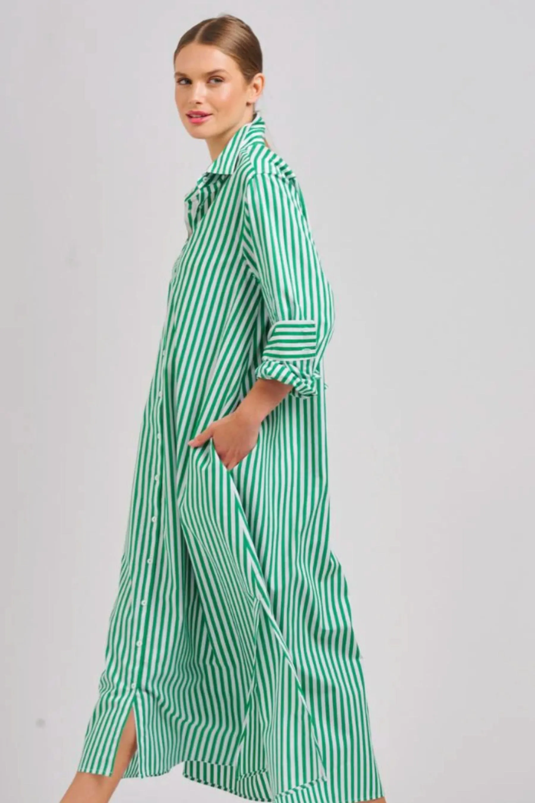 The Luna Long Shirt Dress | Apple Green Stripe