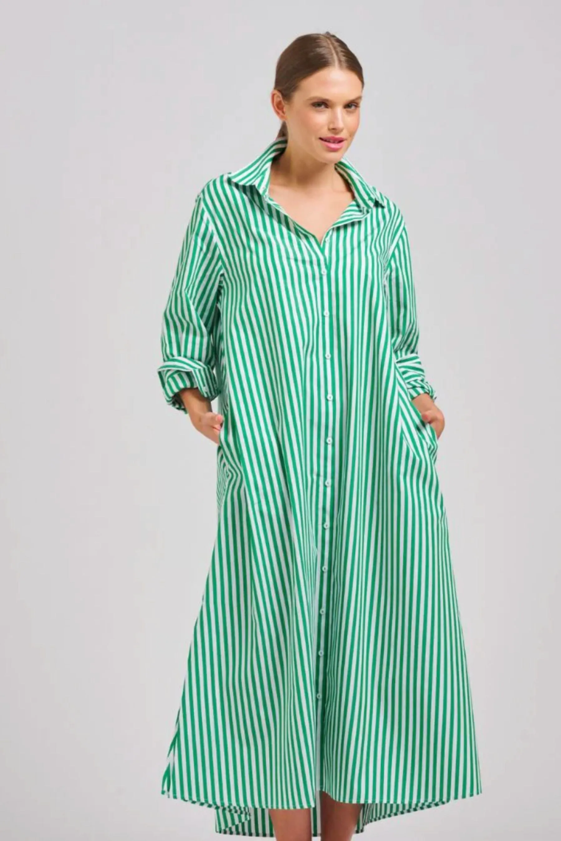 The Luna Long Shirt Dress | Apple Green Stripe