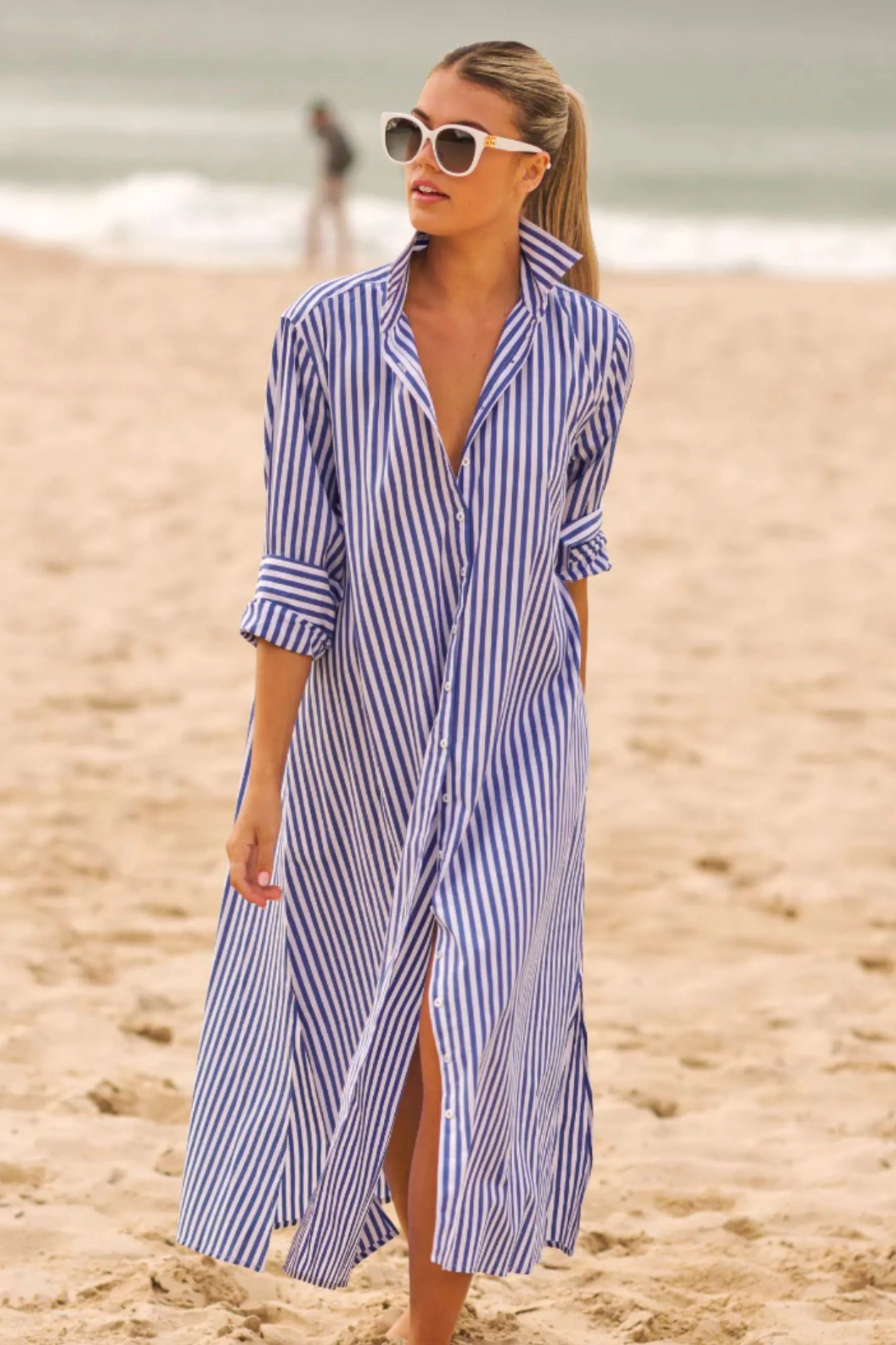 The Luna Long Shirt Dress | Blue & White Stripe