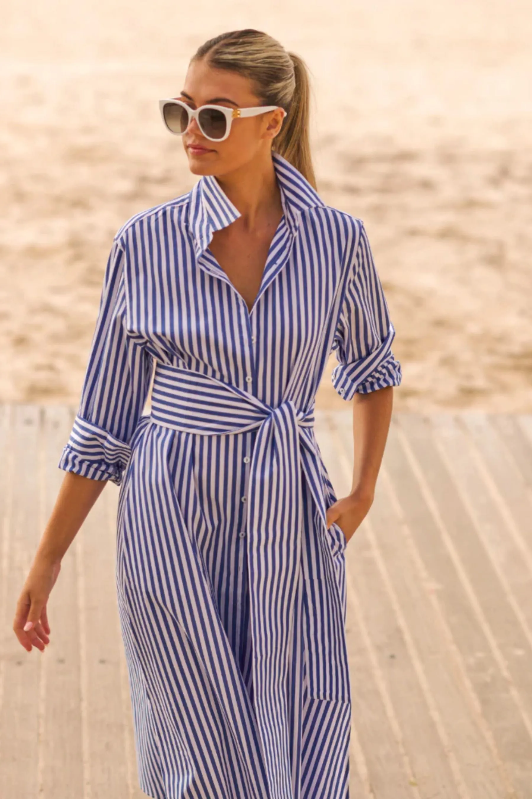 The Luna Long Shirt Dress | Blue & White Stripe
