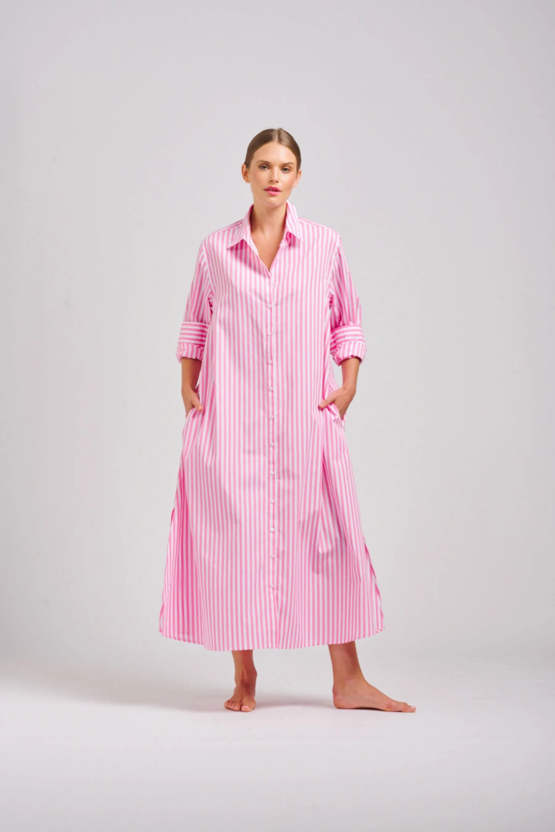 The Luna Long Shirt Dress | Pink Stripe