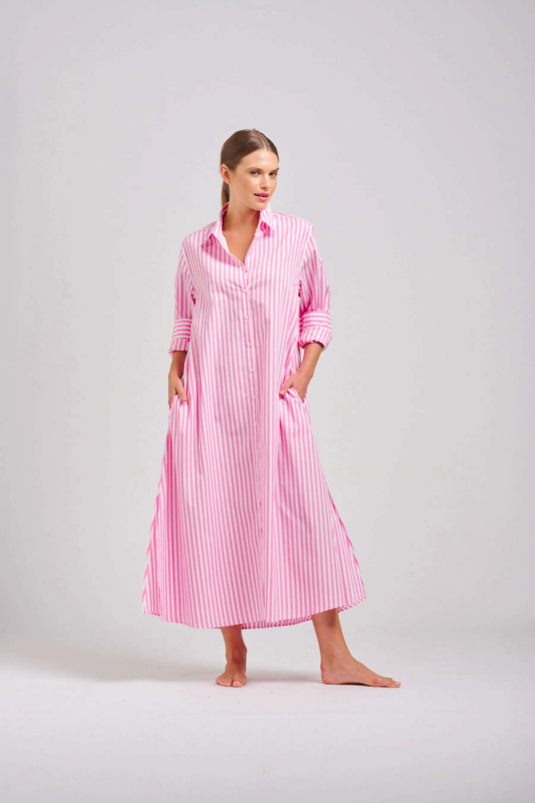 The Luna Long Shirt Dress | Pink Stripe