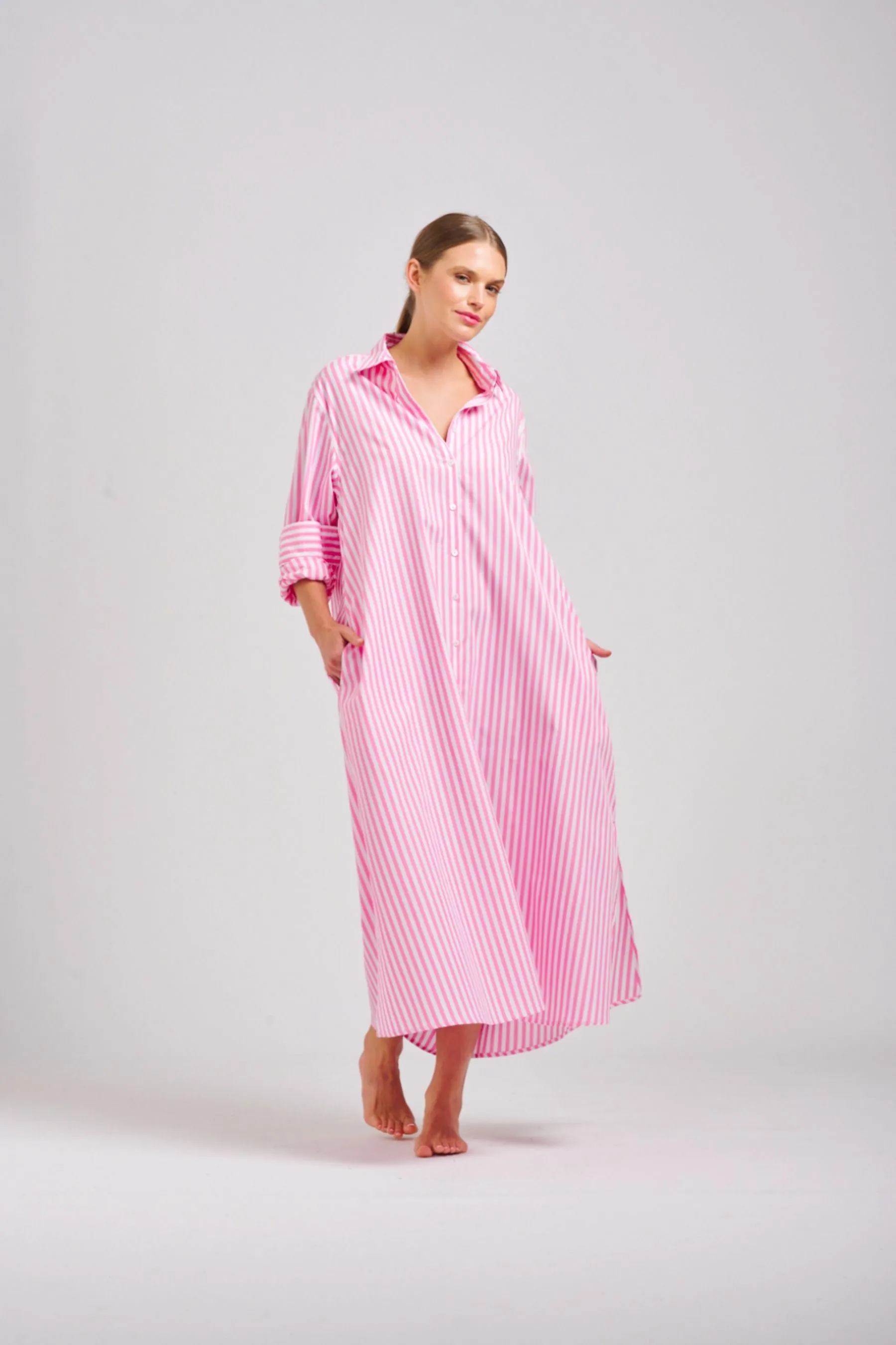 The Luna Long Shirt Dress | Pink Stripe