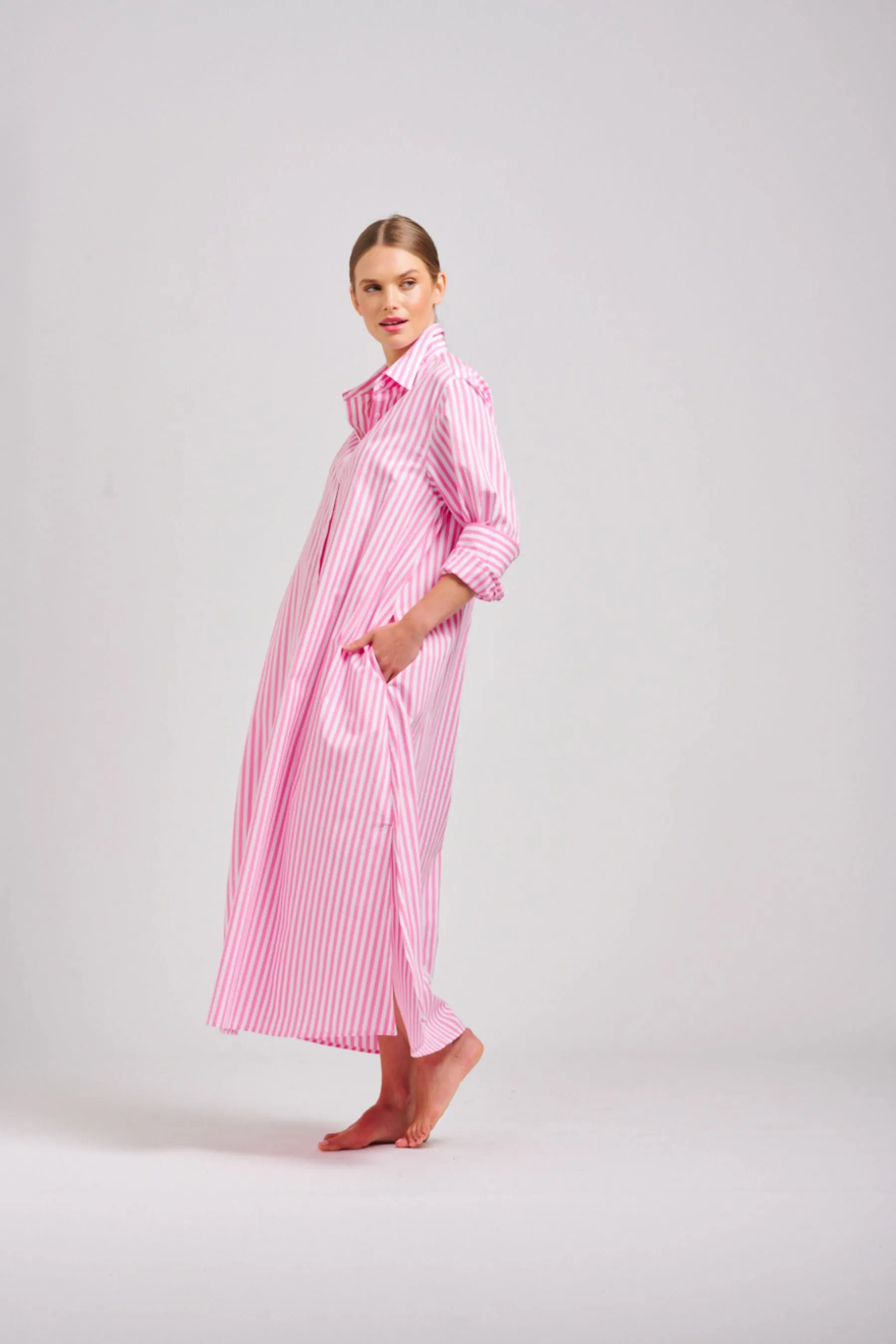 The Luna Long Shirt Dress | Pink Stripe