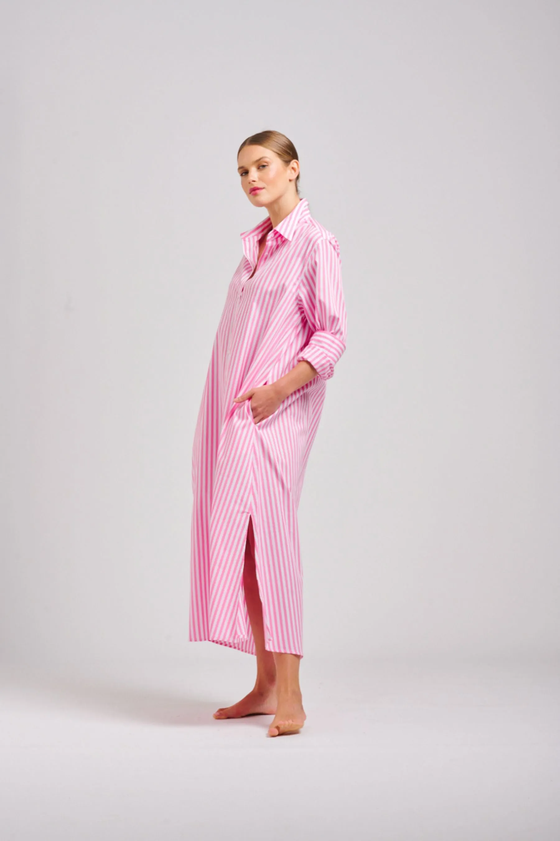 The Luna Long Shirt Dress | Pink Stripe