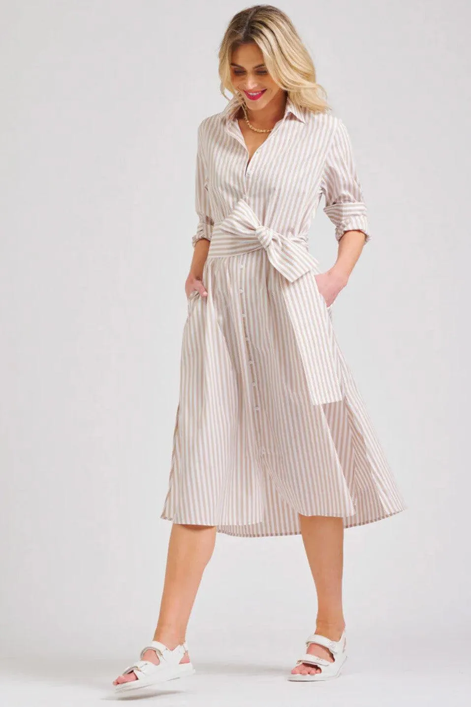 The Luna Long Shirt Dress | Stone White Stripe