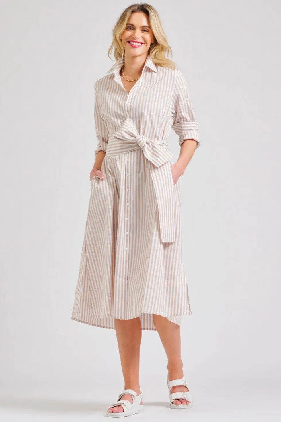 The Luna Long Shirt Dress | Stone White Stripe