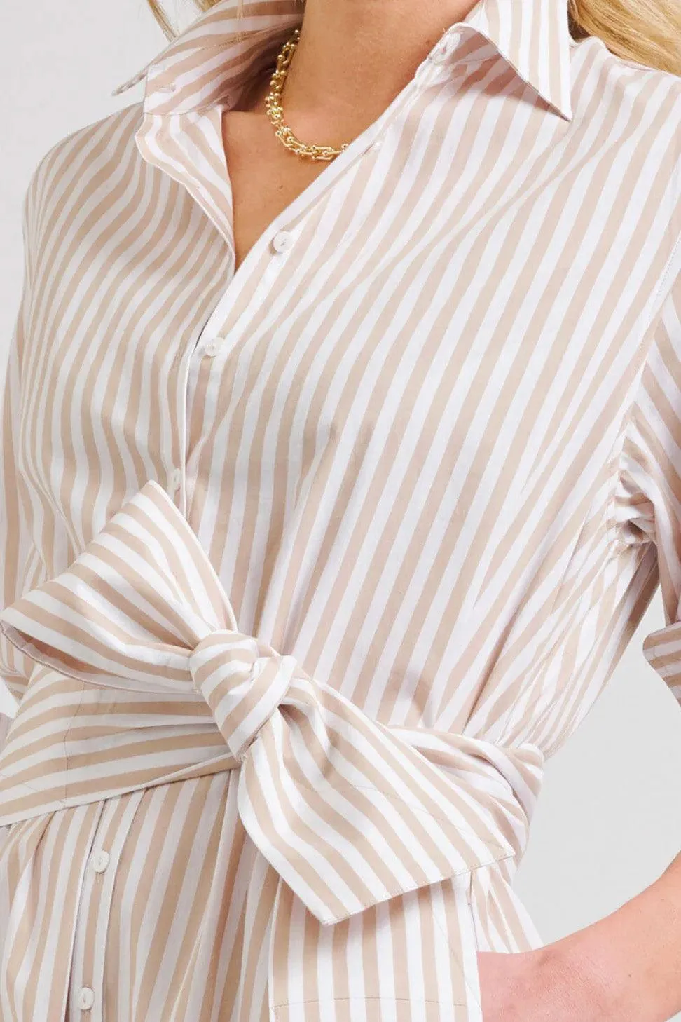 The Luna Long Shirt Dress | Stone White Stripe