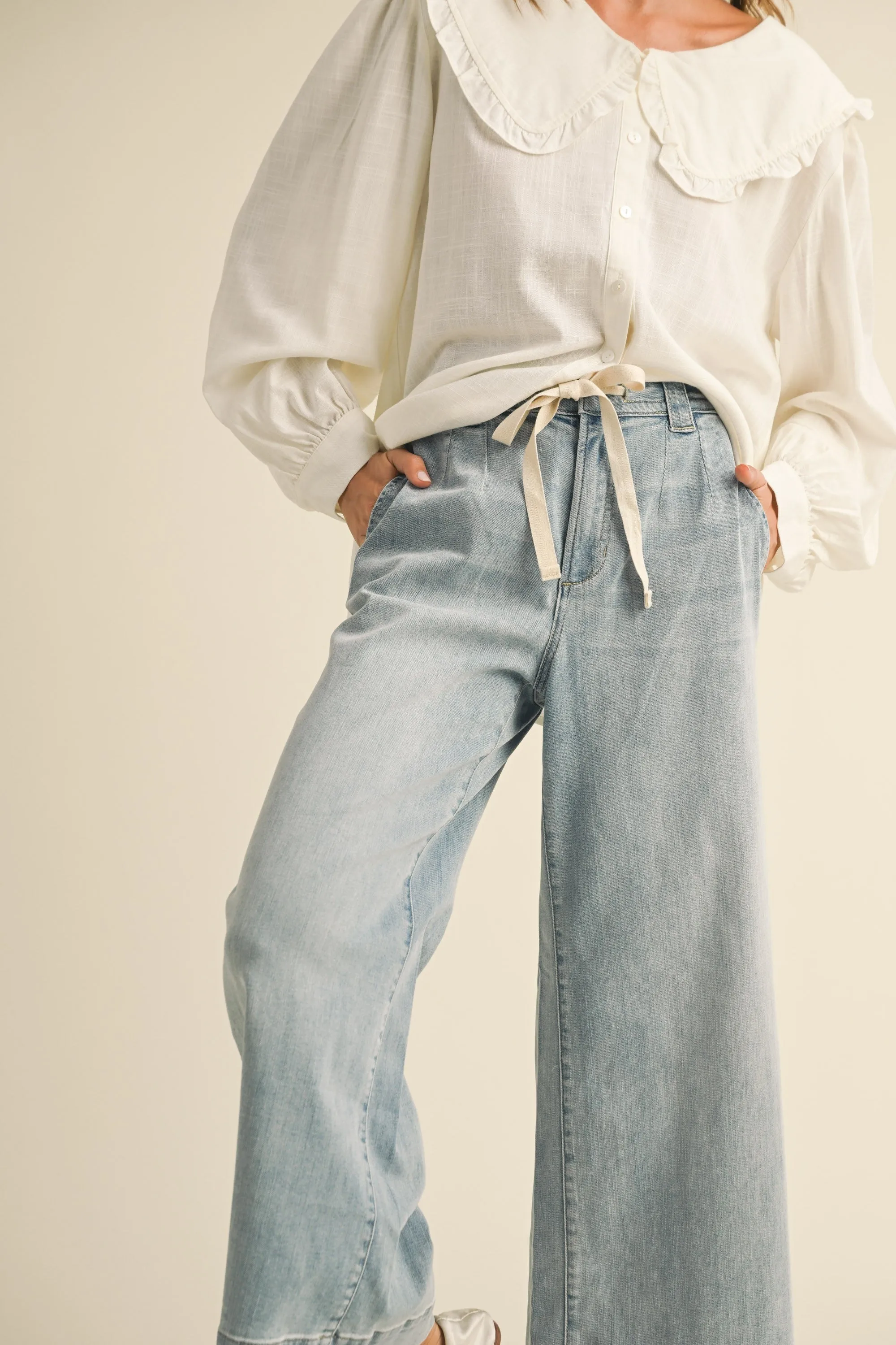 Tie Front Wshd Denim Pants