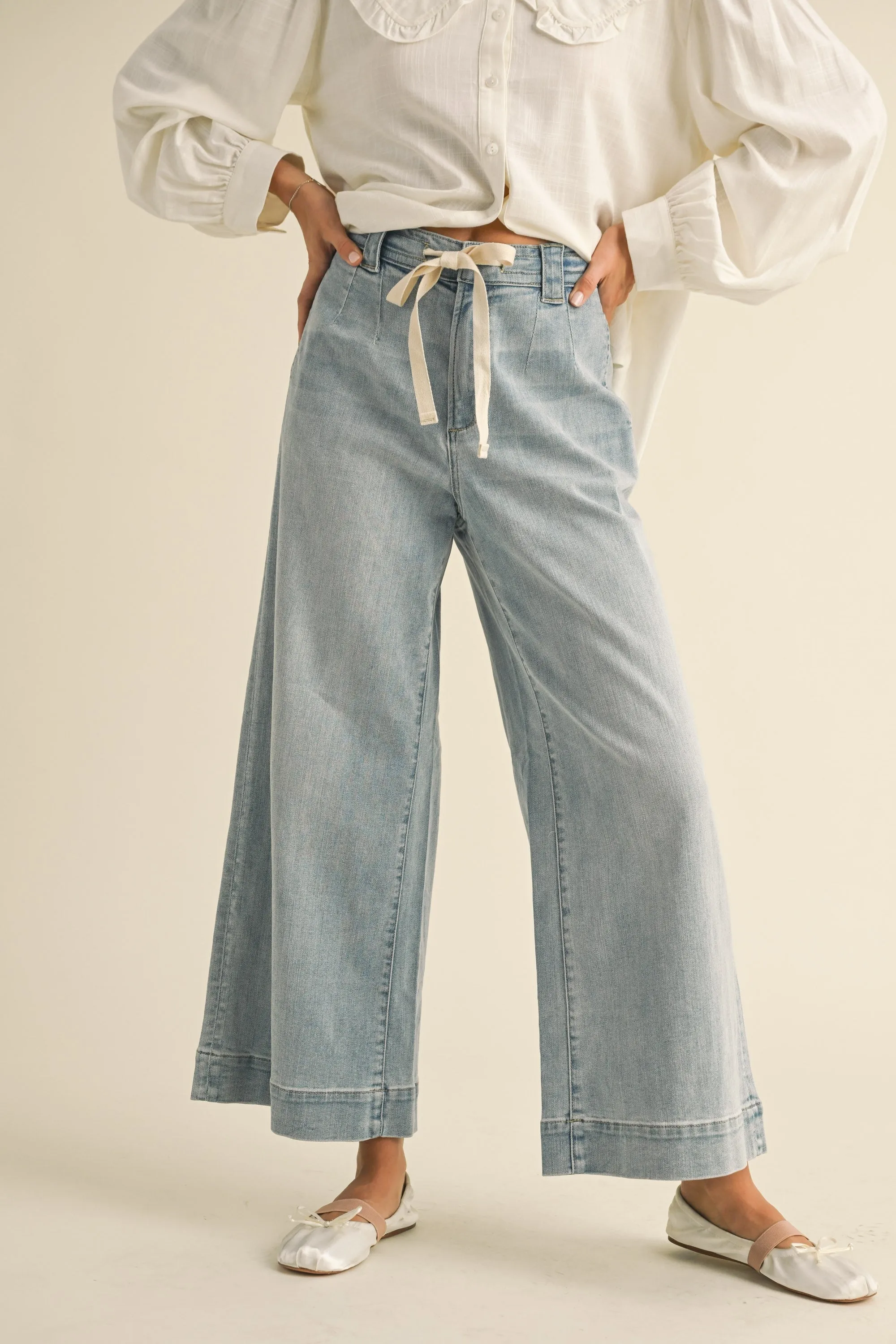 Tie Front Wshd Denim Pants