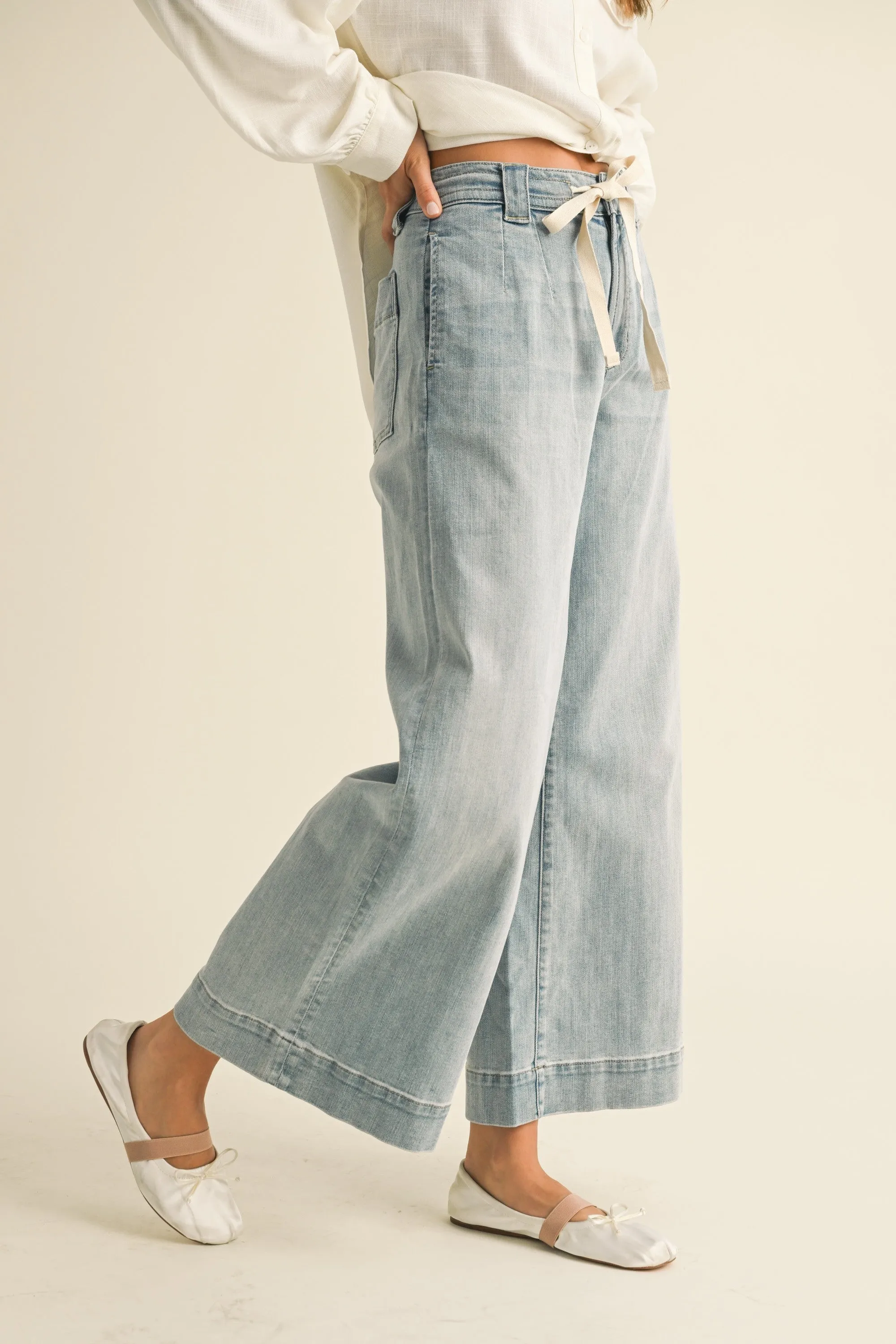 Tie Front Wshd Denim Pants