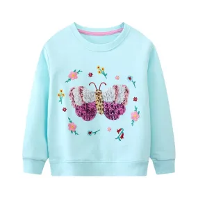 Toddler/Kid Girl's Long Sleeve Shimmering Butterfly Design Blue Sweatshirt